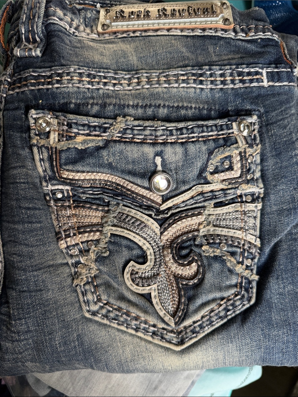 Rock Revival Distressed Embroidered Dark Blue Boot Cut Jeans